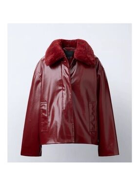 NWT Zara kids faux patent crop jacket with removable fur collar